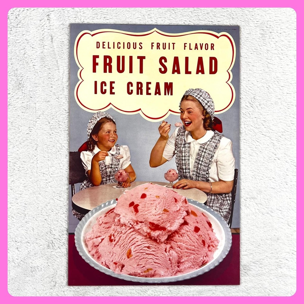 1949 Fruit Salad Ice Cream Vintage‎ Advertising Sign 20" Cardboard Kitchen